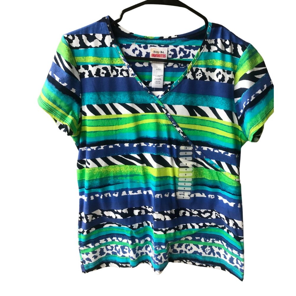 Ruby Road Co Green, White and Blue Short Sleeve Top Sz S NWT